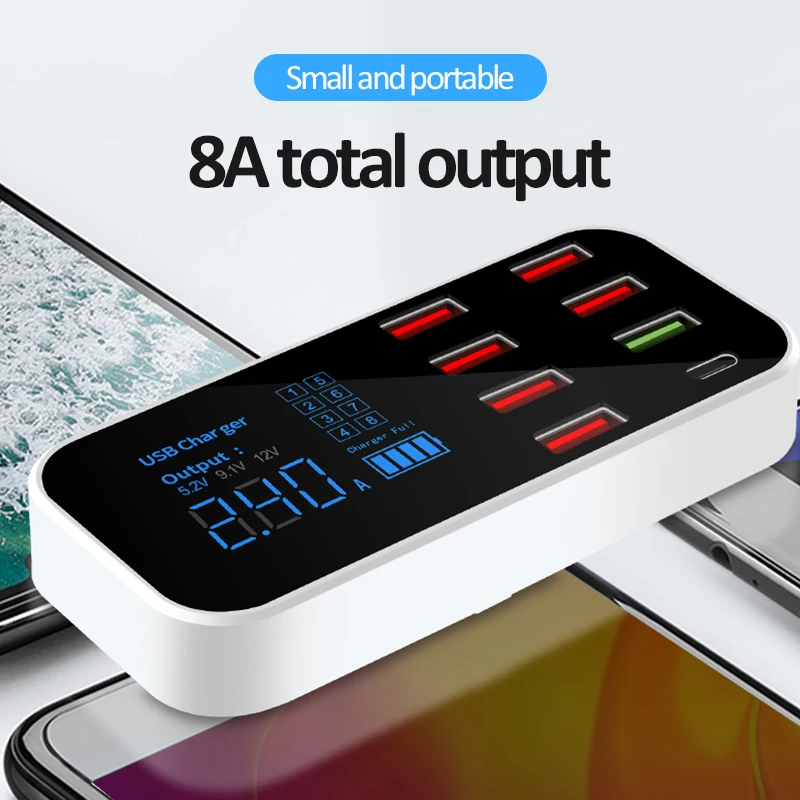 

Multiple 8 Port USB Car Fast Charger Hub QC 3.0 Quick Charger with LCD Voltage Display Charging Dock Station MobilePhone Charger