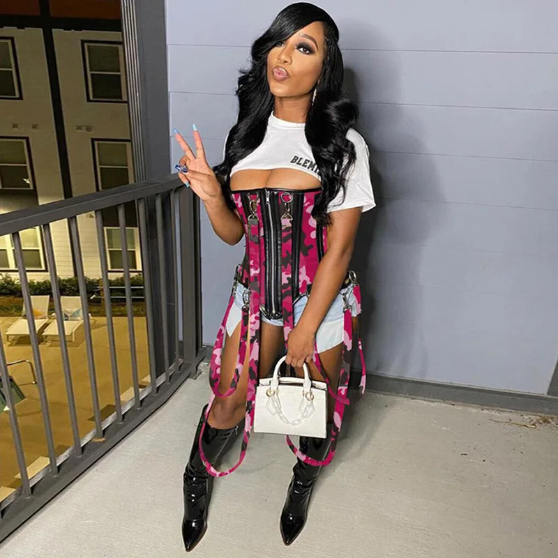 

Cheap Retro Camouflage Sling Plaid Zipping Corset Tops With Strap Women Sexy Crop Tees Party Clubwear Sleevess Asymmetry