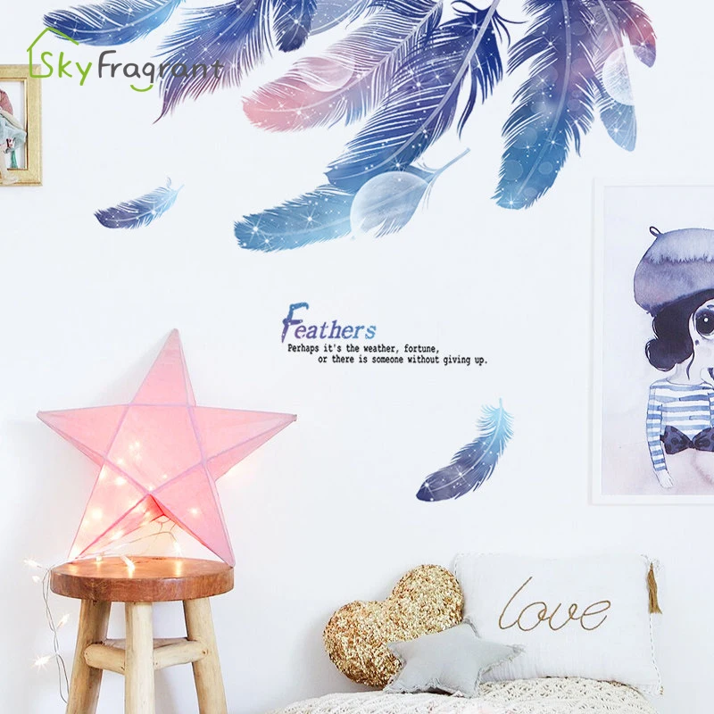 

Creative Stickers Blue Dream Feather Wall Sticker Bedroom Decor Sofa Background Self-adhesive Home Decoration Living Room Decor
