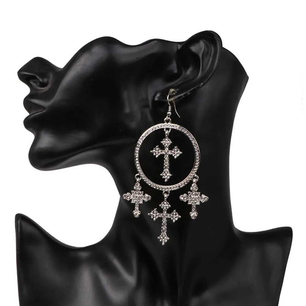 

Vintage Luxury Rhinestone Big Hoop Earrings With Cross Pendant Round Earrings for Women Alloy Cross Circle Hoops Earring Jewelry