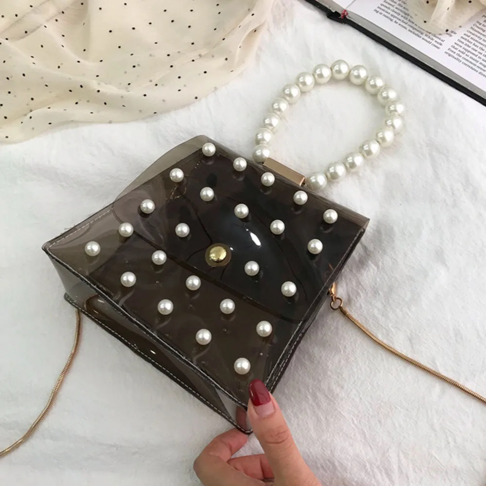 

Chain Clear Shoulder Messenger Bag Faux Pearls PVC Transparent Crossbody Top-handle Handbag Best Sale-WT