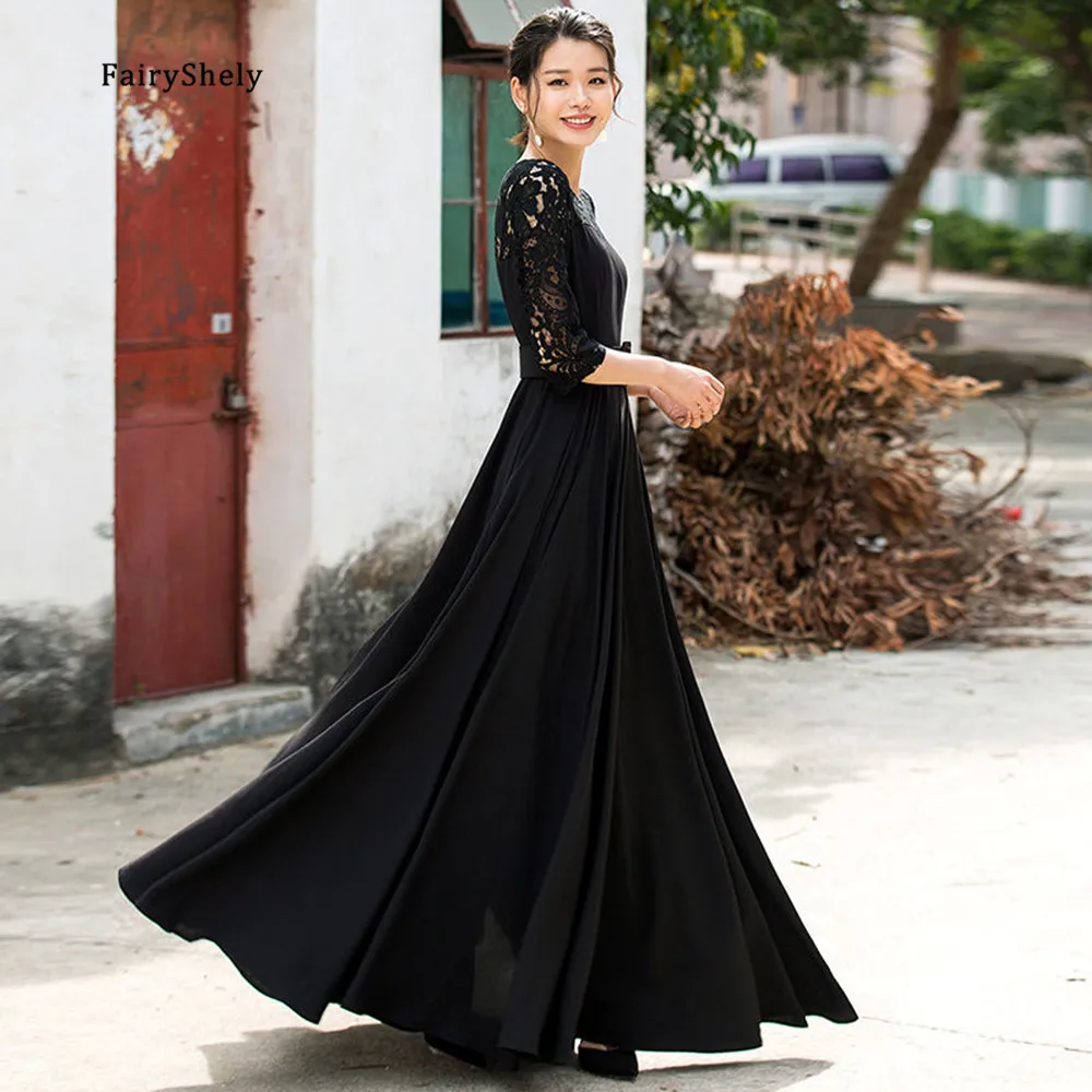 

FairyShely 2020 Spring Lace Embroidered Long Dress Women Sexy Maxi Club Black Hollowed Dress Celebrity Evening Party Dresses