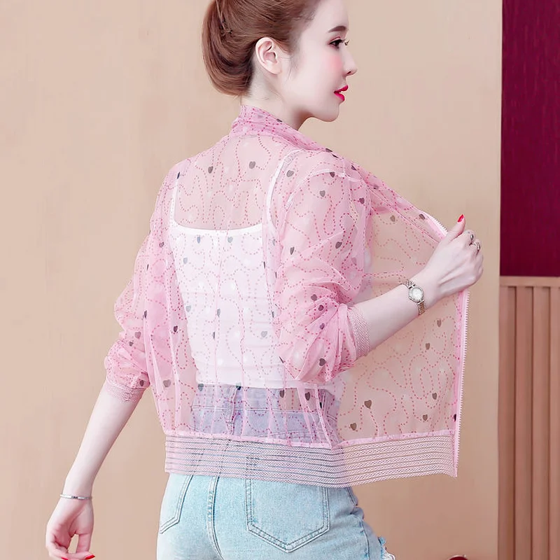 

Spring Summer Women's Plus Size Mesh Cardigan Printed Mid-length Coat Thin Breathable Women Air-conditioned Shirt Jacket X278