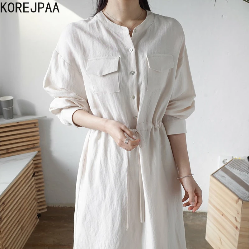 

Korejpaa Women Dress 2021 Autumn Korean Chic Minimalist Temperament Single-Breasted Drawstring Multi-Pocket Design Shirt Vestido