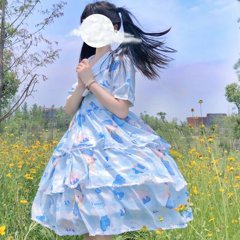 

MokoGoddess Japanese Kawaii Sweet Lolita navy collar sweet love pillow rabbit OP short sleeve cake dress women summer