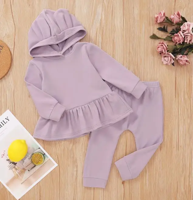 

2 Pieces Kids Children Girls Suit Set Solid Color Long Sleeve Hooded Top Trousers Warm Girls Clothing