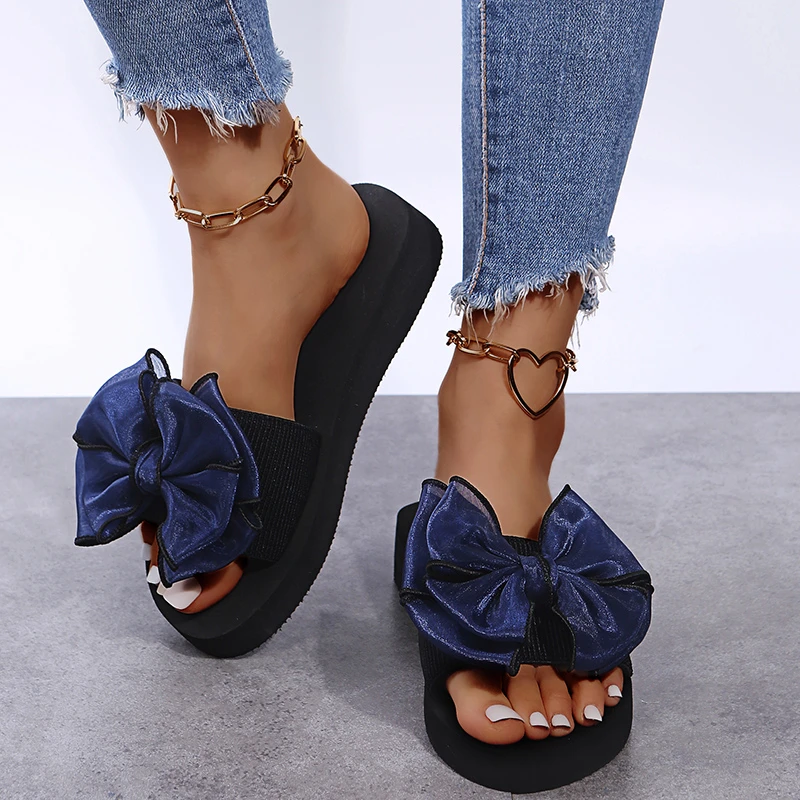 

2021 New High Heel Slippers Women Summer Wild Bow Beach Slippers Casual Slippers Women