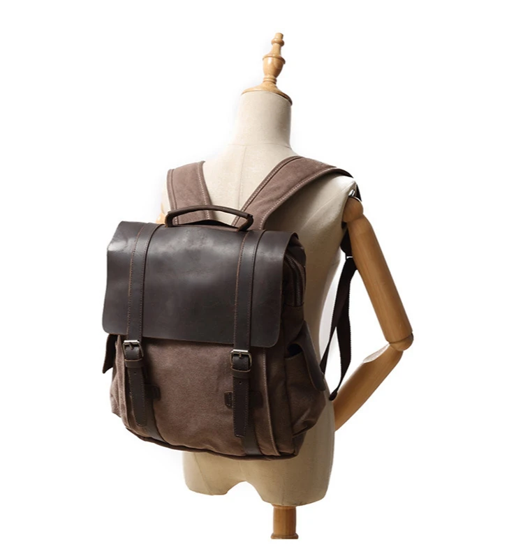 

TOtrait Vintage Canvas with Genuine Leather Backpack Men School Backpack Wearproof Travel Bookbag 15.6 Laptops Rucksacks Women