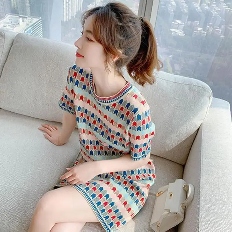 

Color diamond dress women's summer new style white and thin women's mid-length bag hip knitted dress