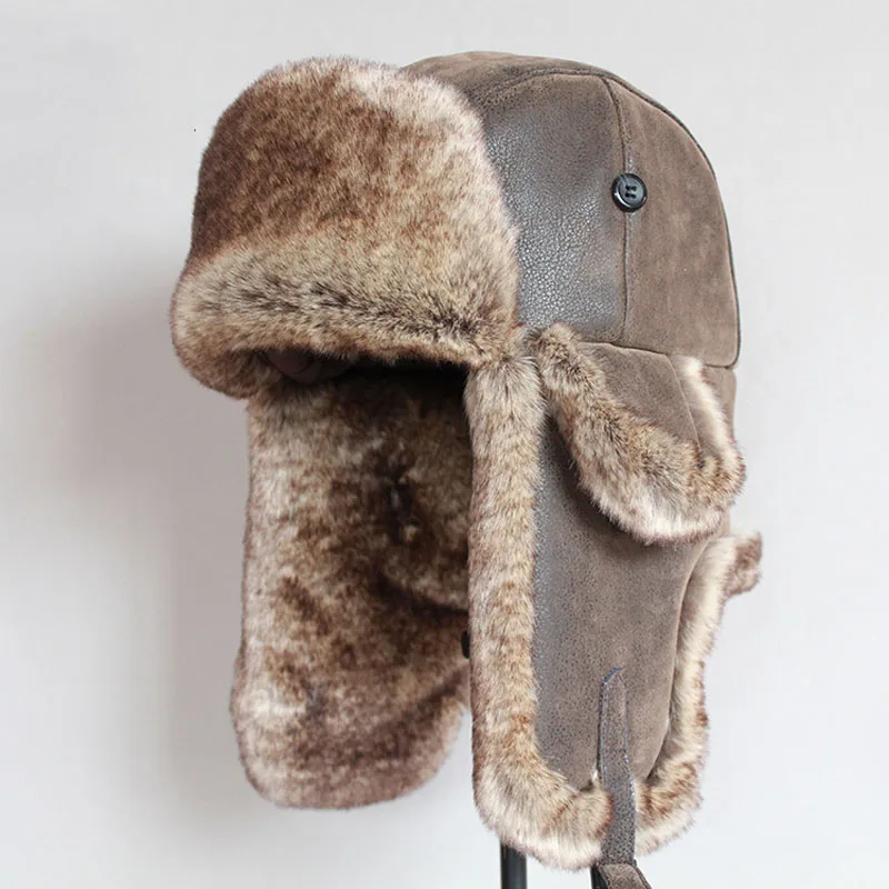 

Bomber Hats Winter Men Warm Russian Ushanka Hat with Ear Flap Pu Leather Fur Trapper Cap Earflap
