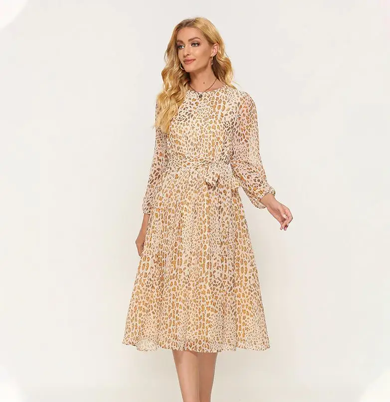

Elegant Dot Print Long Sleeve Summer Dress O Neck Chiffon A Line Women Casual Autumn Dress Vintage Midi Vestidos
