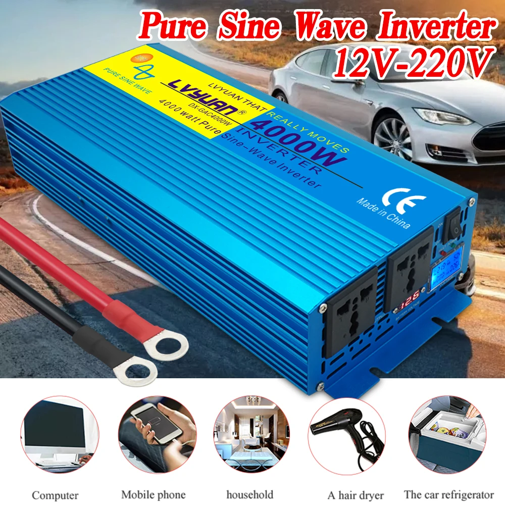 

4000W Peak PURE SINE WAVE INVERTER DC12V/24V To AC 220V 50Hz 60Hz LED Digital Display Solar Voltage Converter Universal Socket