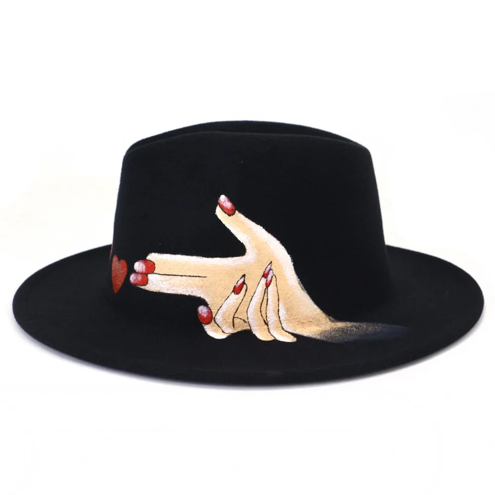 

New Woolen Top Hat Personalized Hand Painted Hat Flat Brim Top Hat Outdoor Sunshade Couple Jazz Hat