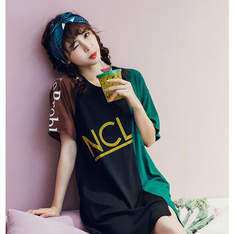 

Fashion student style Japanese pure cotton nightdress women's splicing lovely thin summer Korean fresh short sleeve nightdress
