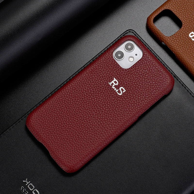 

Custom Pebble Grain Genuine Leather Luxury Gold Initial Name Phone Case Cover For iPhone 12 11 Pro X XS XR 7 7Plus 8Plus