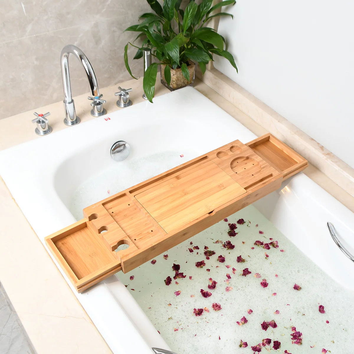 

1PC Multifunctional Bathtub Serving Tray Bamboo Bath Bridge Telescopic Storage Rack Shelf with Mirror for Bathroom Home