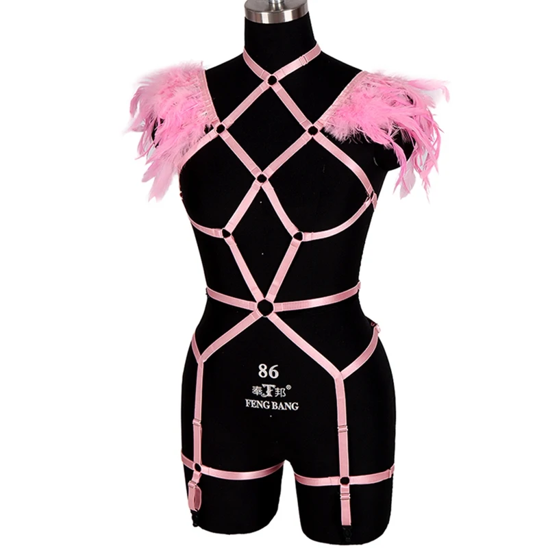 Womens Feather Epaulettes Goth Steampunk Shoulder Wings Sexy Lingerie Set Full Body Harness BurningMan Club Festival Rave Wear