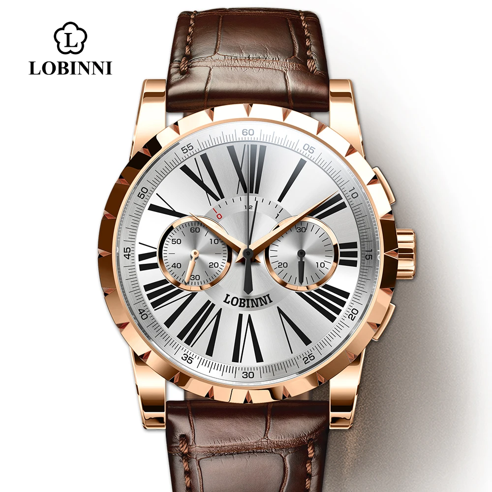 Rose-White LOBINNI Мужские механические часы Seagull SelfWind роскошные швейцарские брендовые сапфировые Мужские часы Мужские кожаные часы - Цвет: Rose-White