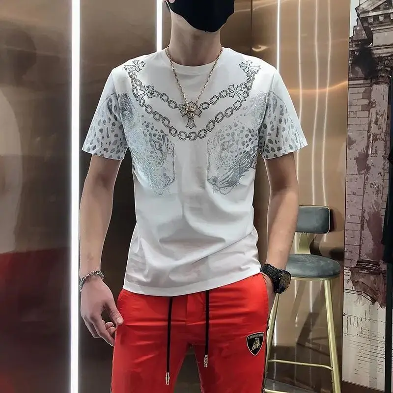 

Korean version of short sleeve men's T summer new trend slim leopard drill fashion personality Joker jacket