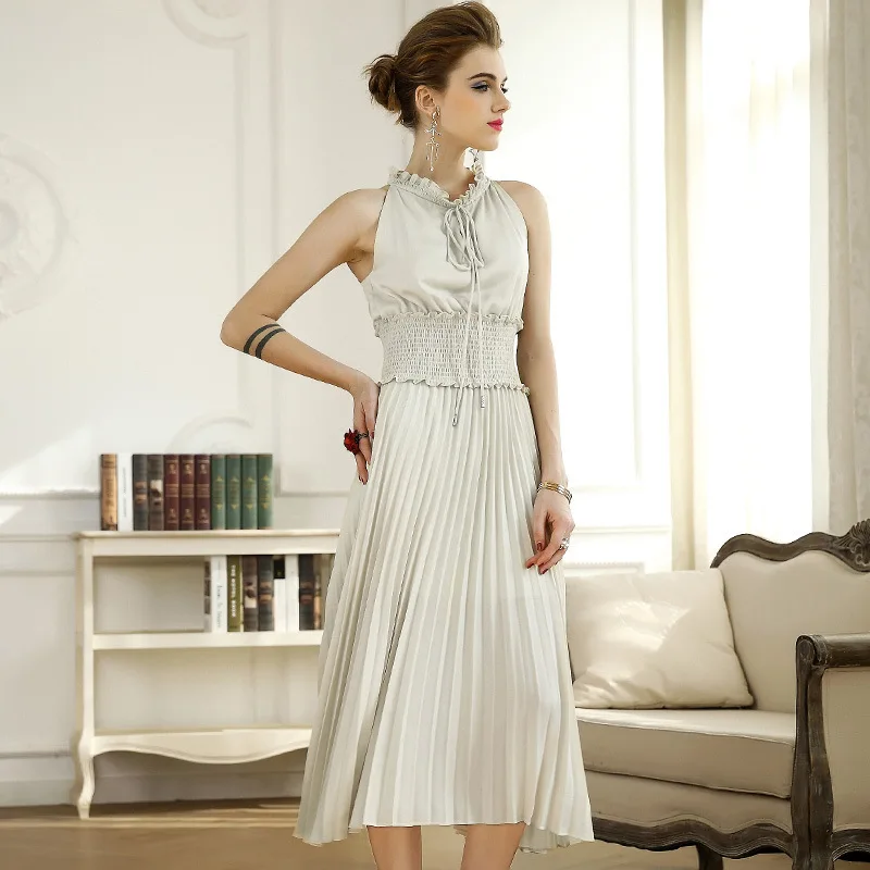 Вечерние платья женское длинное шелковое винтажное плиссированное платье