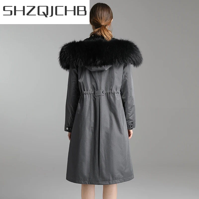 

Зимняя одежда SHZQ, женское меховое пальто, женское длинное пальто с воротником из натурального меха енота и капюшоном, женские парки 2021