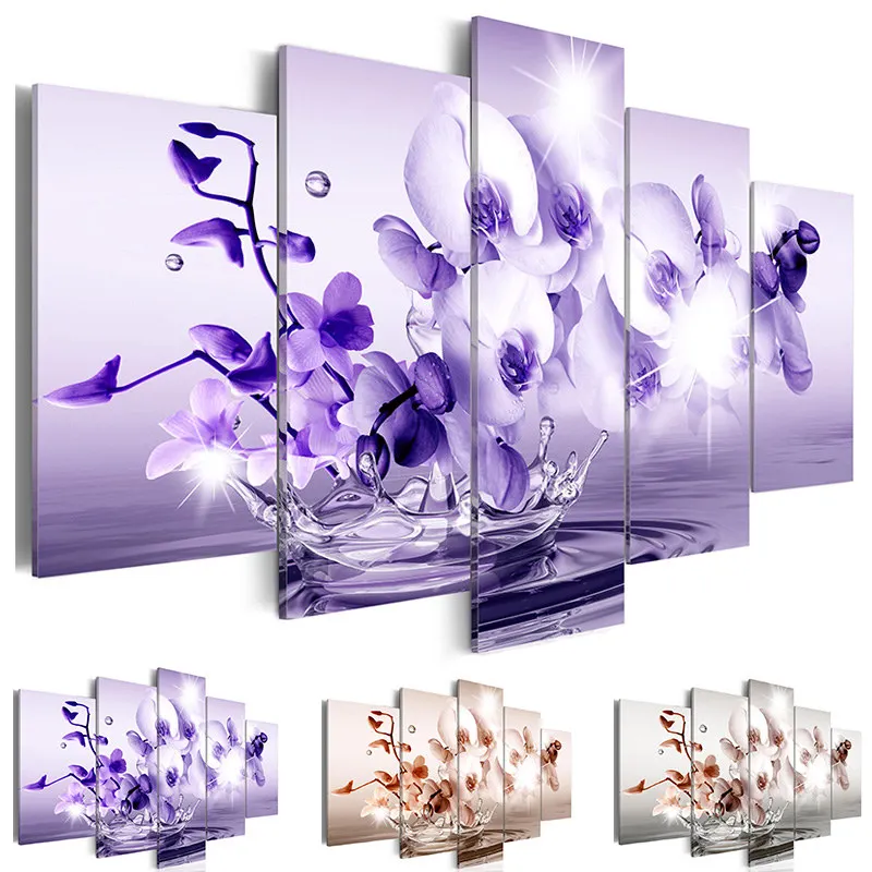 

Dark Purple Butterfly Orchid 5 Panels Printed Poster Canvas Painting Brown and Orange Style Elegant Wall Art Bedroom Home Decor