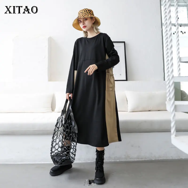 Женское платье средней длины XITAO винтажное в стиле пэчворк с карманами и