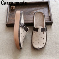 careaymade thick soled slippers womens summer outdoor hollow out linen breathable belt buckle sandals hand sewn big sandals