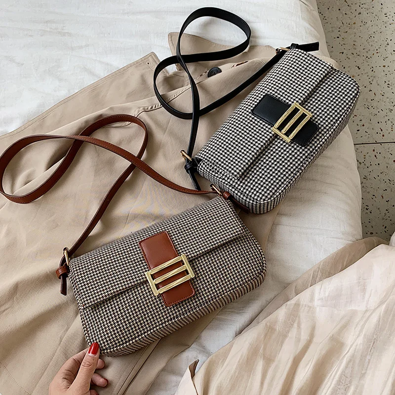 Женская сумка мессенджер в винтажном стиле шерстяной с узором гусиные лапки