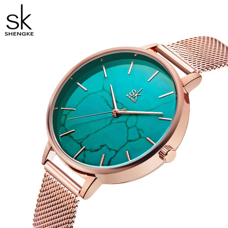 

Ретро Художественный стильные женские часы с зеленым мраморным дизайном, розовое золото, часы из нержавеющей стали, Изысканные Подарки для ...