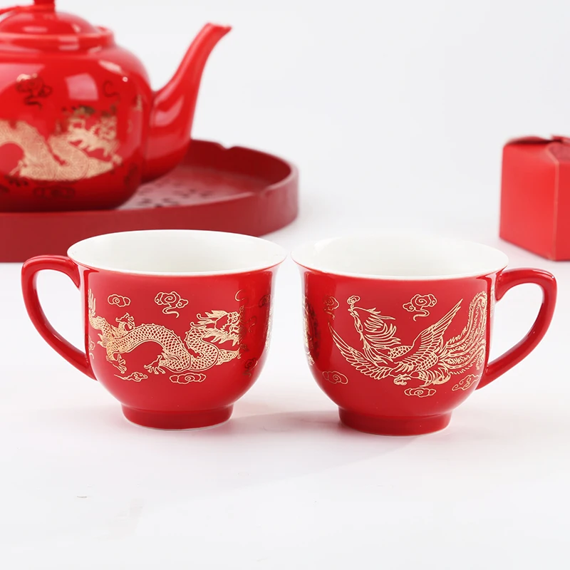 Marriage Services Tea Cup Set Dragon and Phoenix Couples Mug Chinese Red Ceramic Teaware Wedding Gift Porcelain