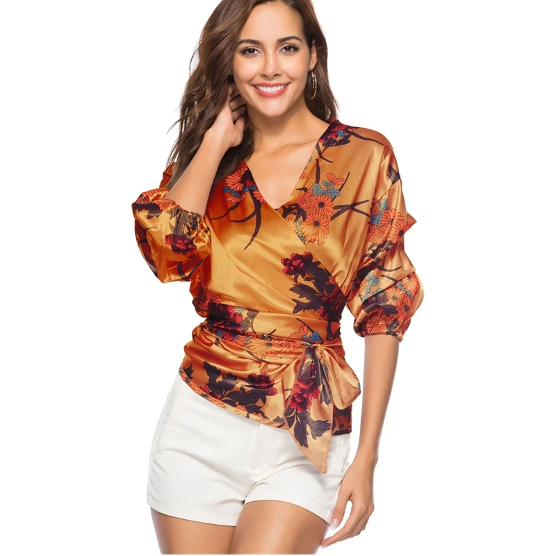 Шифоновая рубашка с цветочным принтом 2019 модный Бандаж v-образным вырезом