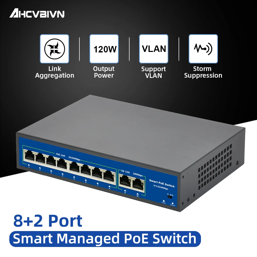 

10Port POE Ethernet Switch 52V VLAN 10/100Mbps IEEE 802.3 Af/at Standard Network Switch for CCTV IP Camera Wireless AP 250M