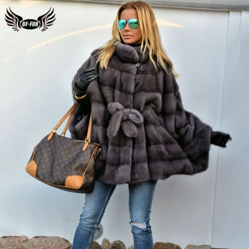 

BFFUR Luxury Women Natural Mink Fur Coats Bat Sleeved With Belt Full Pelt Genuine Mink Fur Jacket Stand Collar Russian Winter