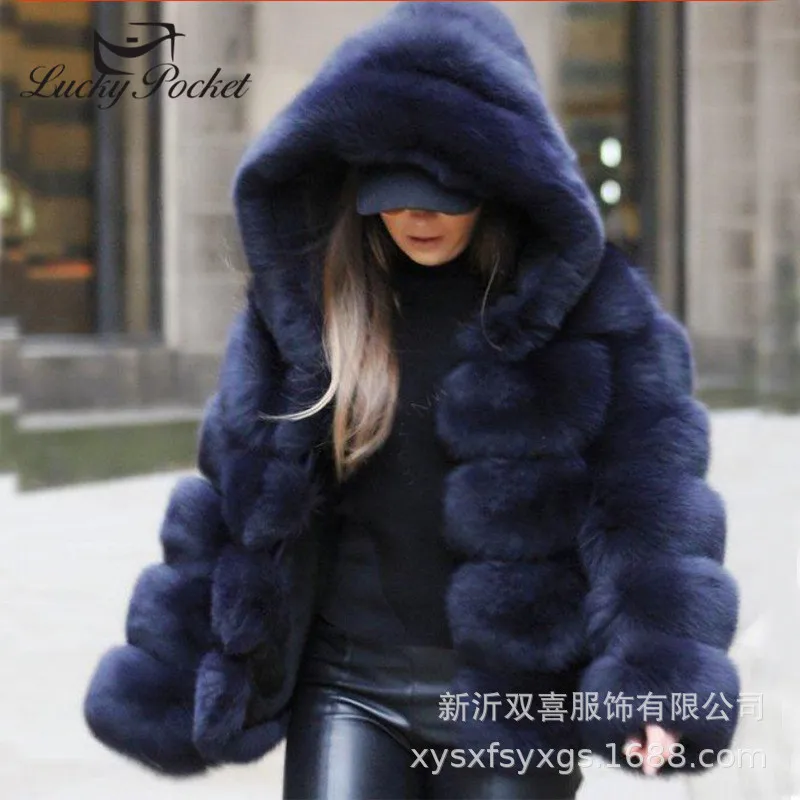

Women Winter New Loose Solid Color Spliced Thick Warm Fur Leather Female High Street Hooded Coat Ladies Brand Soft Parkas ML1035