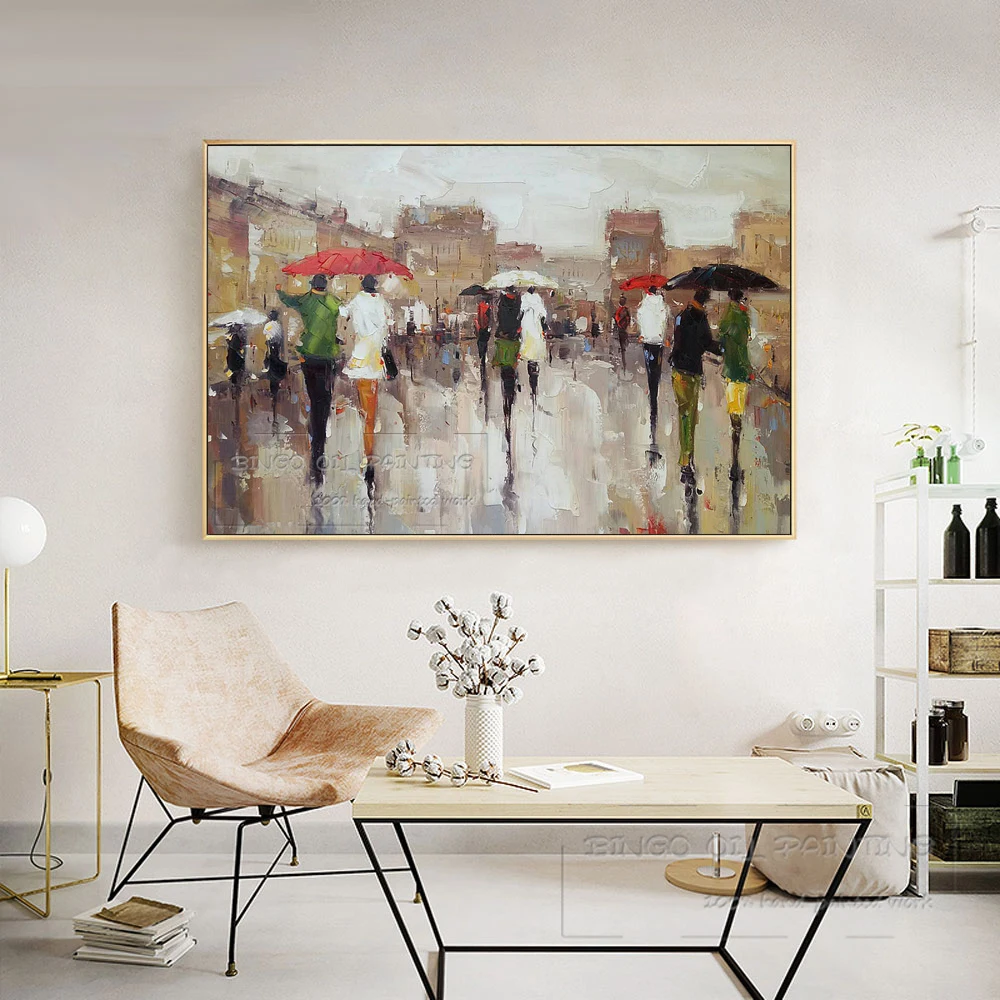 Дешевая цена ручная роспись абстрактные уличные прогулки люди масляная живопись