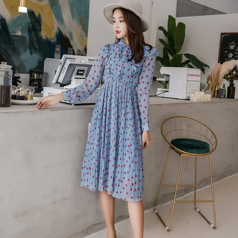 BGTEEVER элегантный точечный принт шифон платье женское с оборками эластичной