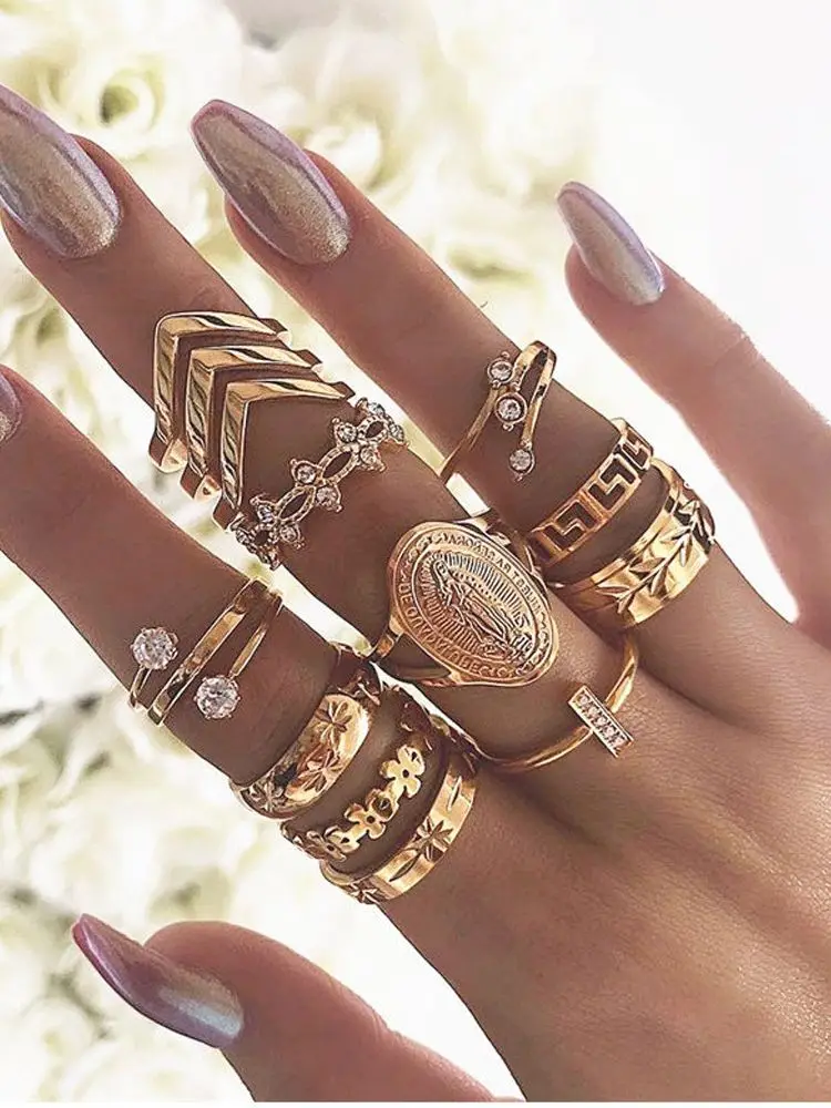 

13PCS Leaves Crown Joint Ring Set Golden Simple Pattern Alloy Rhinestone Rings Women 2021 Explosion Fine Fashion Jewelry Gifts