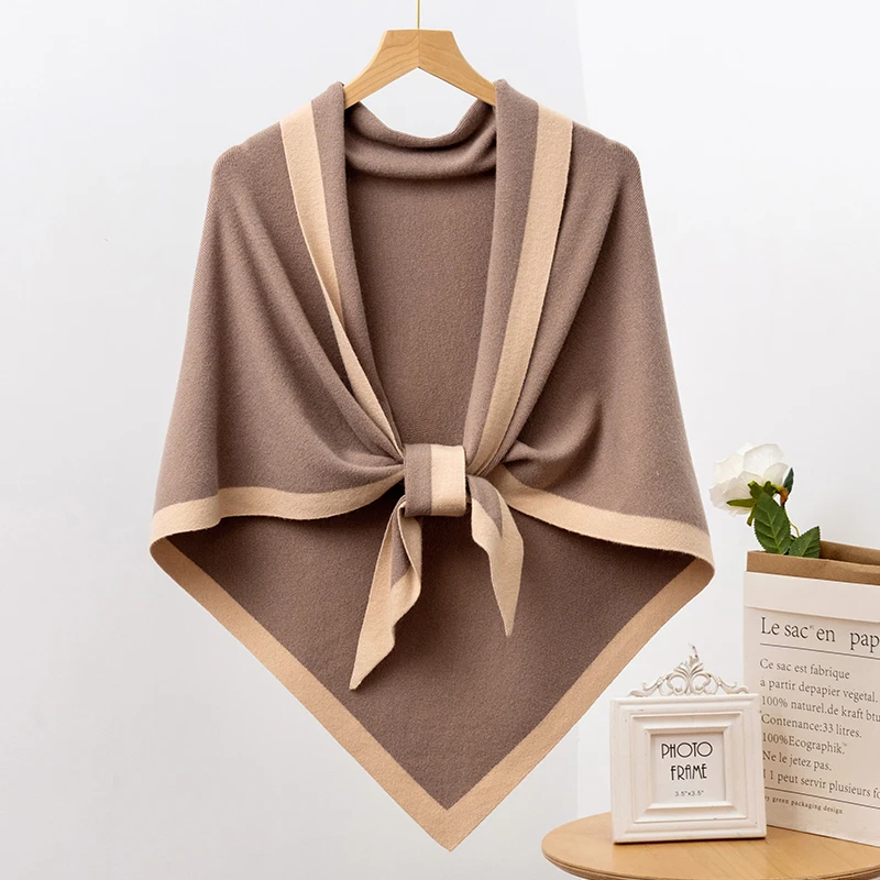 Осенняя вязаная теплая шаль женское пончо большой треугольный шарф для женщин