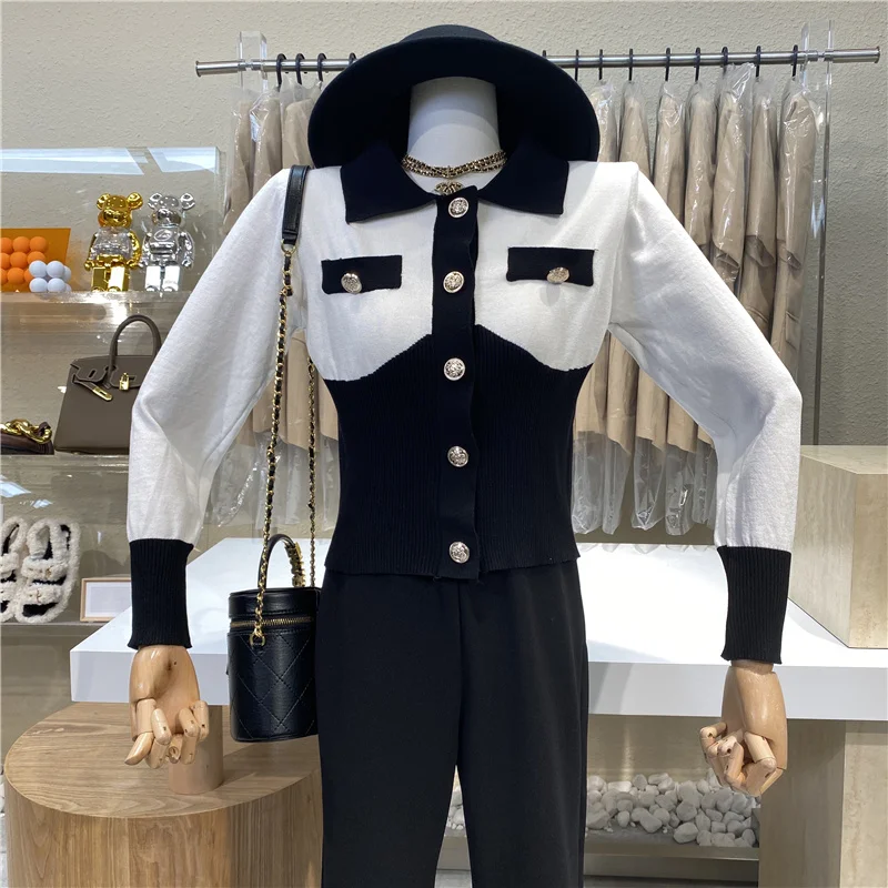 

2021 Korean Elegant Long Sleeve Women Crop Top Hit Color Single-breasted Knitted Cardigans Female Casual Chic Knitted Sweater