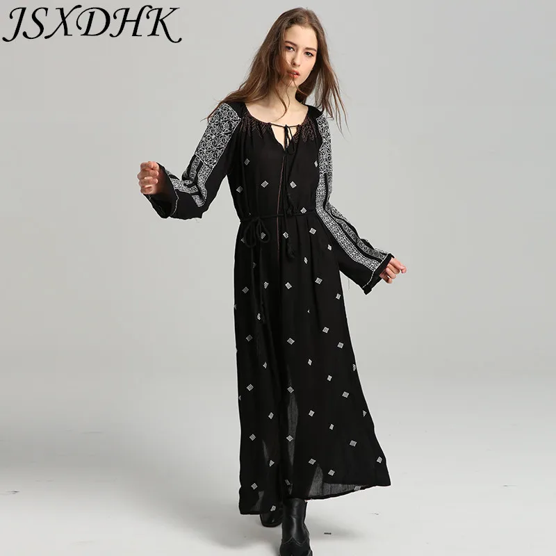 

JSXDHK High Quality Bohemian Holiday Dress 2019 Runway Summer Black Embroidery Totems Loose Belt Vintage O Neck Split Long Dress