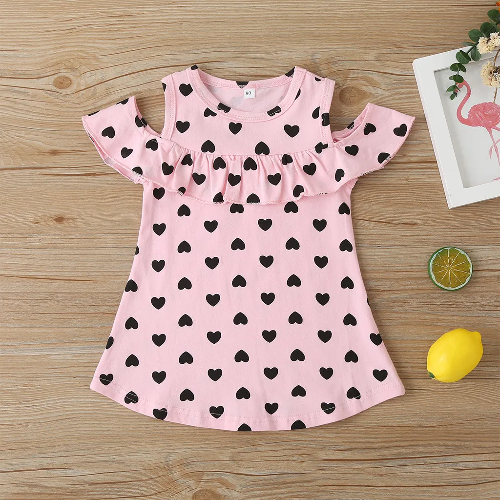 1-5 years Children's Baby Girls Sleeveless Off-the-shoulder Love Print Ruffle Sling Dress Princess Casual Clothes | Мать и ребенок