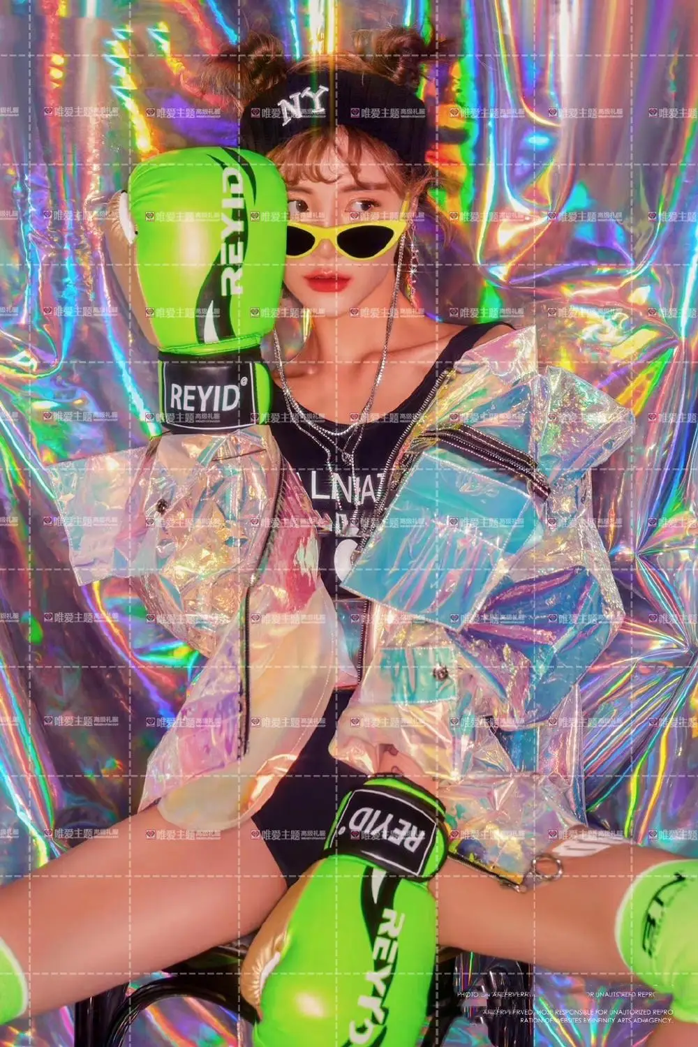 

Hologram Glitter Trendy Women Loosen Jacket Bling Laser Reflective Coats Punk Dance Hip Hop Jacket Ads Model Holographic Set
