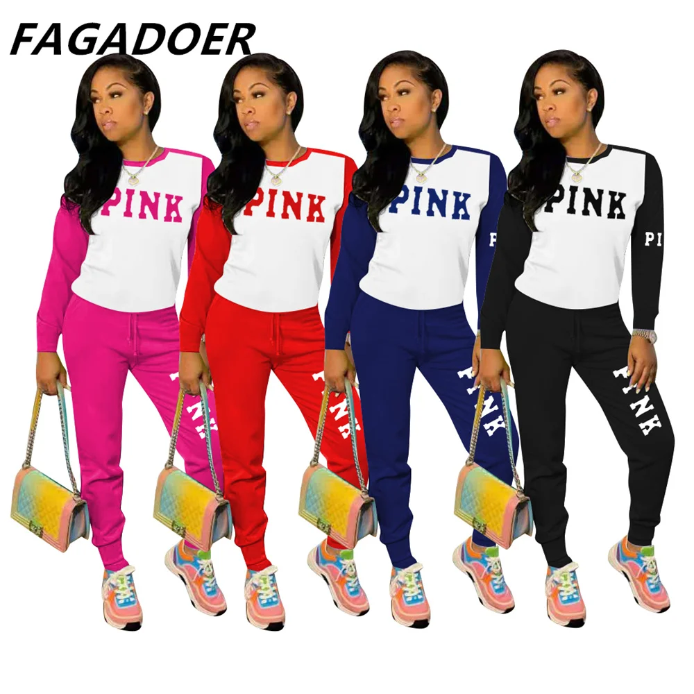 

2021 New Pink Letter Print Tracksuit Set Casual Two Piece Set Women Long Sleeve Top And Pants 2pcs Outfit Spring Fall Streetwear