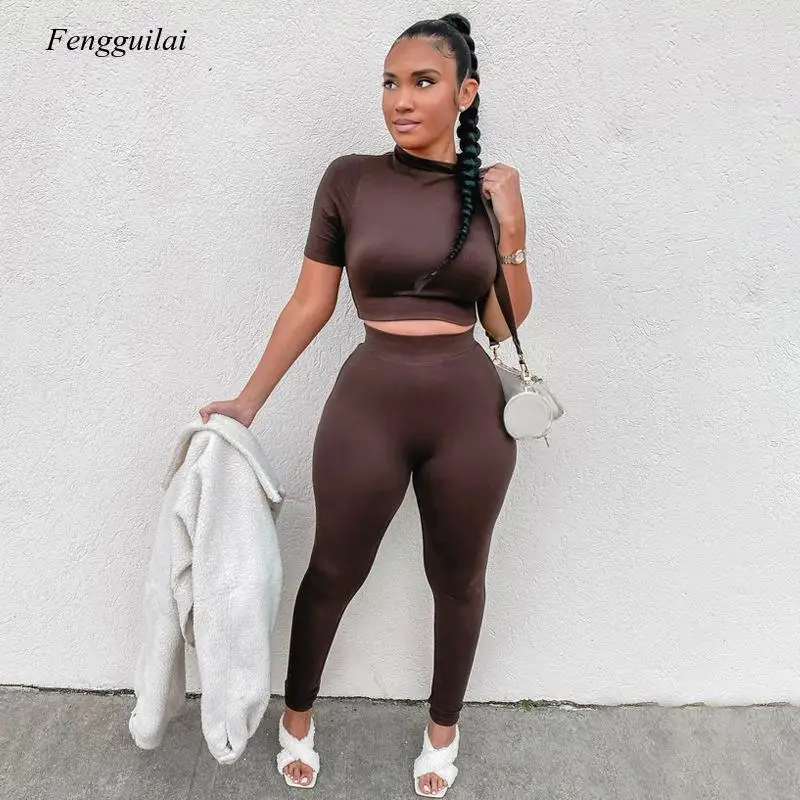 

2021 Spring New Fashion Casual Short Sleeve Navel Top Slim Sports Wear Pants Two Peices Set
