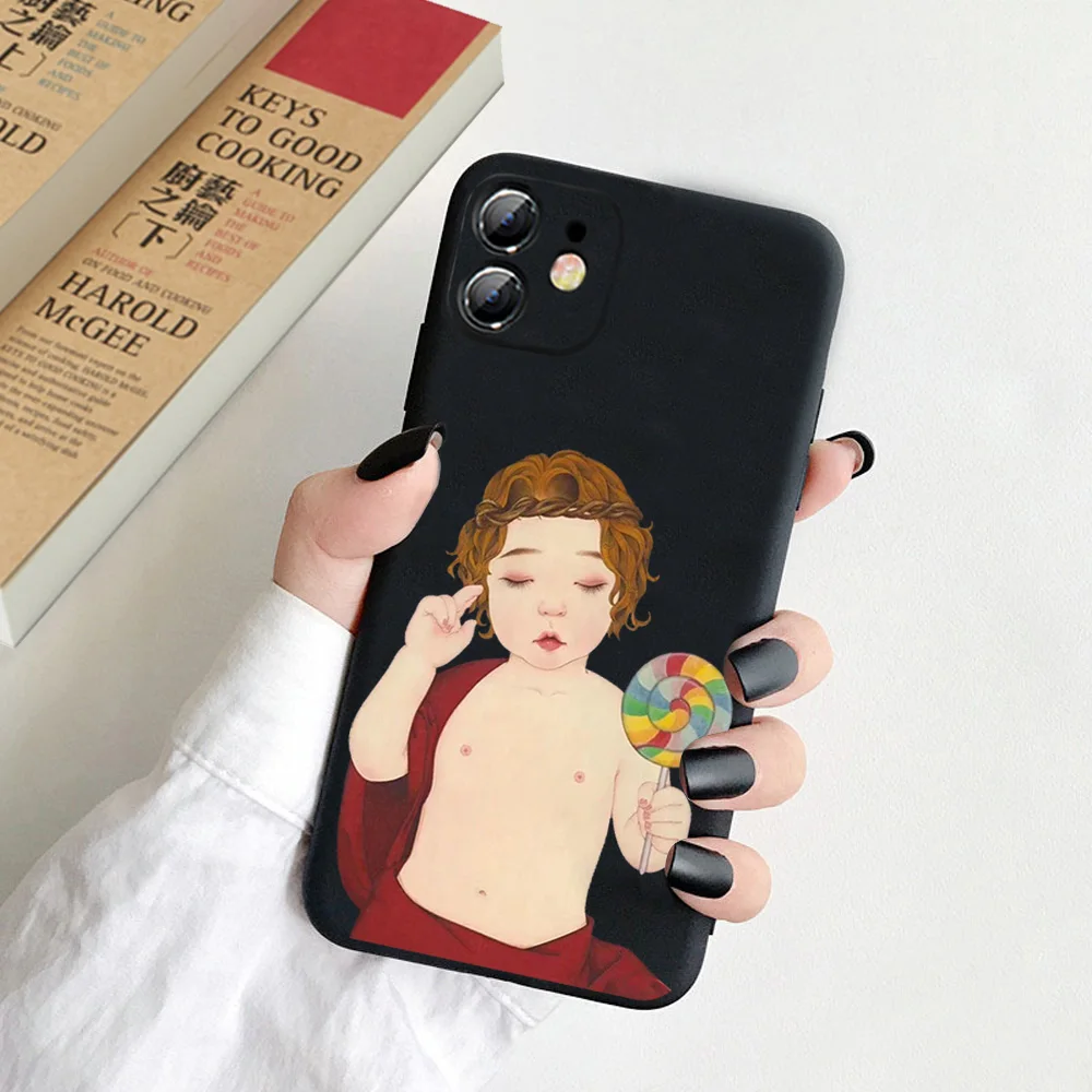 

Funny Mona Lisa and cute boy phone case for iPhone 11 11pro max x xs xr xsmax 6 6s 7 8 5 SE 2020 Fashion silicone frosted cover