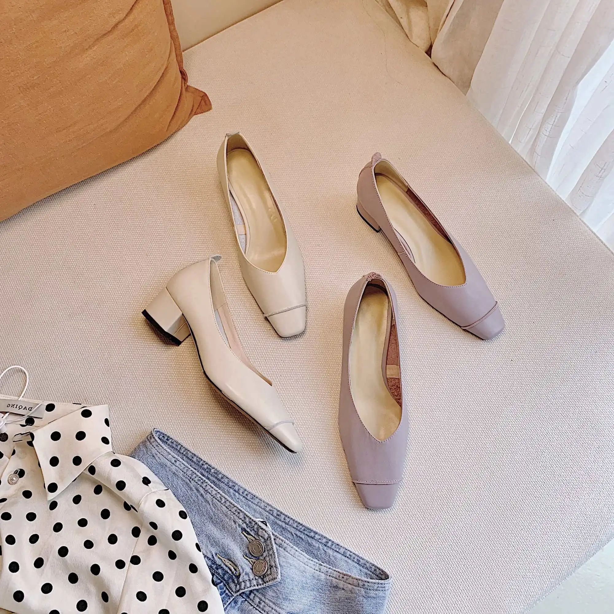 

Lenkisen simple style genuine leather solid high quality square toe thick med heel slip on charming dating dress women pumps L01