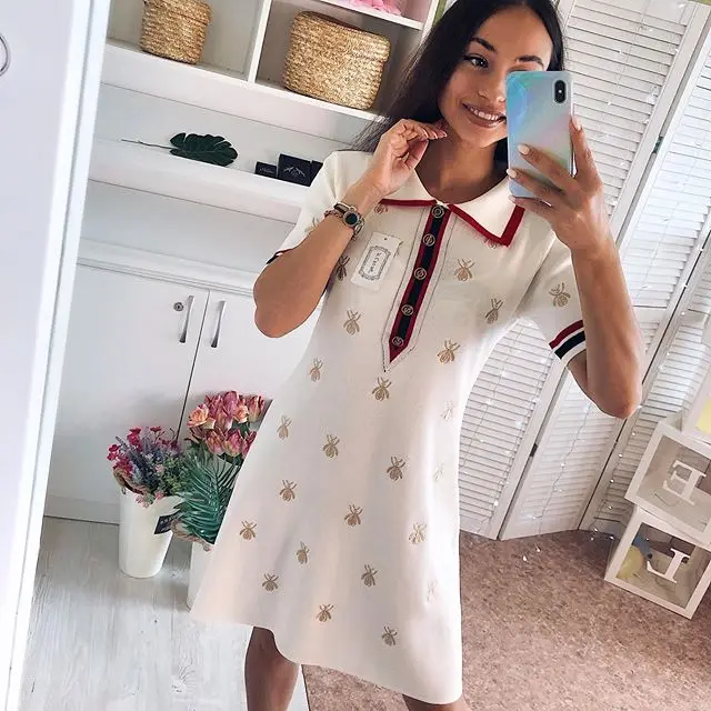 

2021 Spring Summer Knit Cartoon Embroidered Polo Dress Woman Plus Size Black Casual Knee-length Straight Dresses Female
