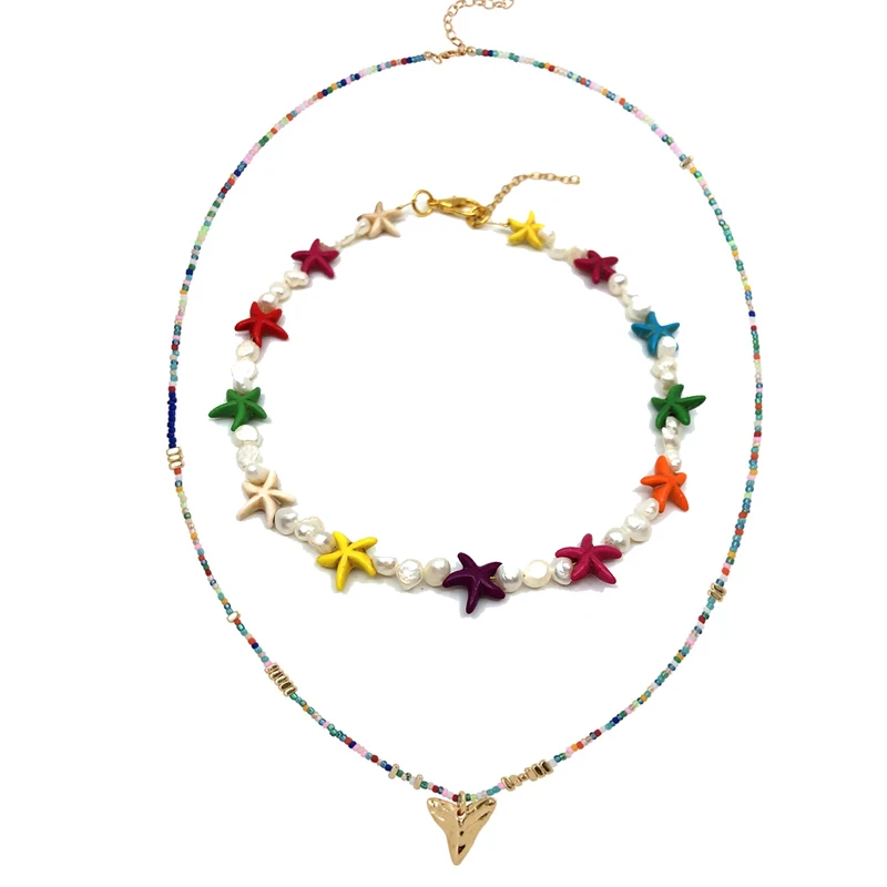 necklace set 3 Летнее богемное колье в стиле бохо с океанским приводом, колье из бисера, набор женских разноцветных бусин, пресноводный барочный жемчуг, многослойное ожерелье - Metal Color: necklace set 3