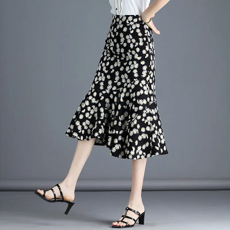 

Fishtail Skirt Half Long Skirt Summer Girl 2021 New Floral High Waist Slim Plus Size Chiffon A Skirt Long Skirt